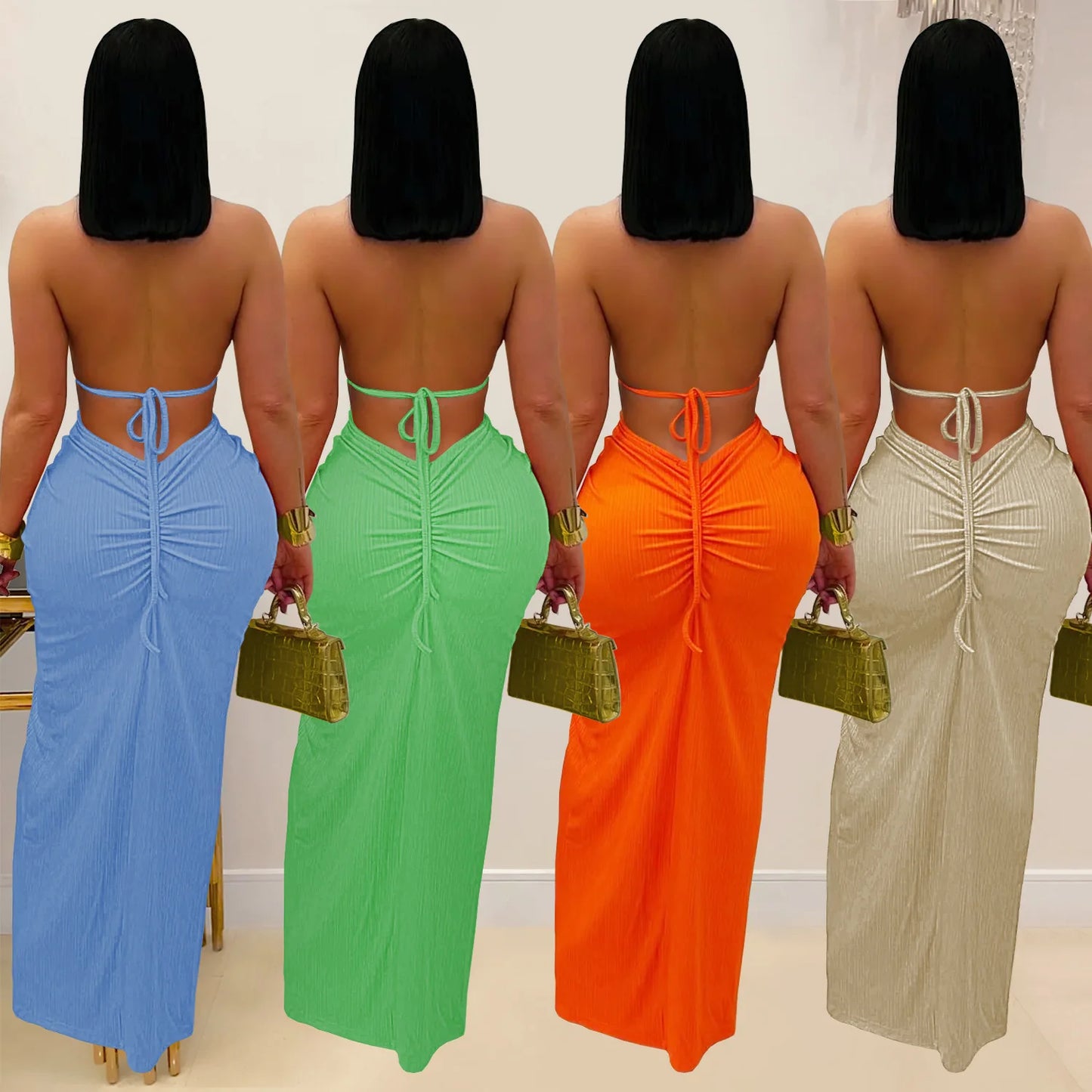 Bohemia Knitted Women Maxi Dress 2025 Summer Halter Lace Up Backless Split Sheath Vestidos Beach Vacation Robe