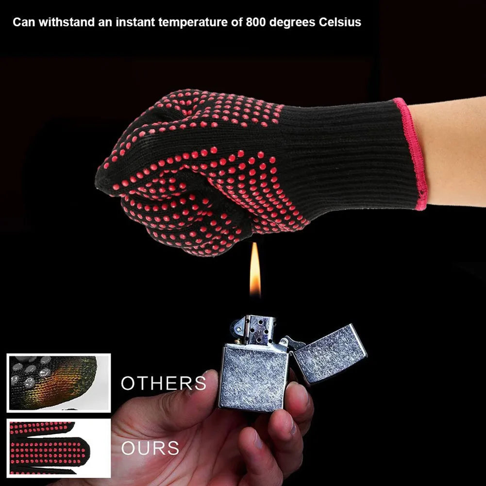 1 Pair Barbecue Anti-scald Gloves Heat Resistant BBQ Oven Gloves Kitchen Fireproof Anti-slip Gloves For Cooking