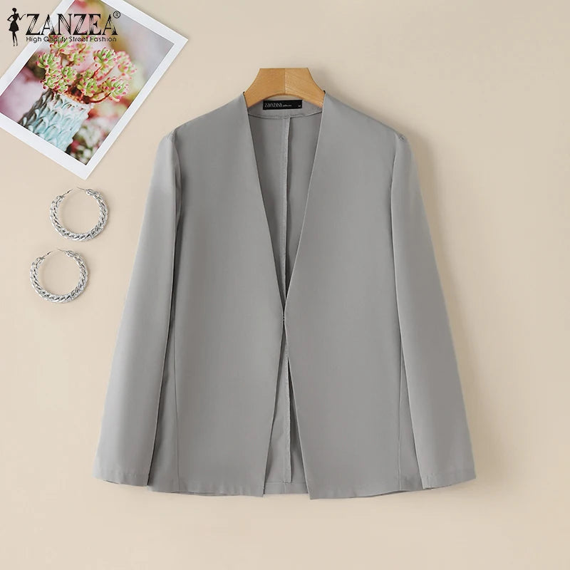 2025 Autumn Lightweight Blazer for Woman V-Neck Long Sleeve Solid Colour Casual Suit Coats Korean Fashion Office Wear