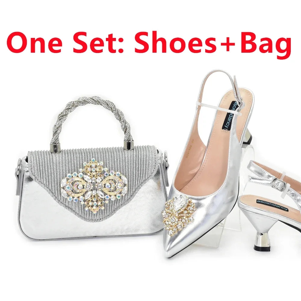 African Matching Shoes and Bags Set Decorated with Rhinestone for Ladies' Party