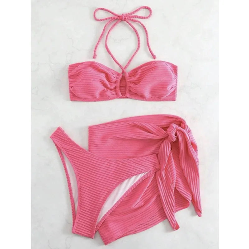 Women's Sexy Bikini Swimsuit 3-Piece Set Summer Solid Color Halter Neck Vacation Beach Swimwear Woman 2025 Skirt Swimsuit Set