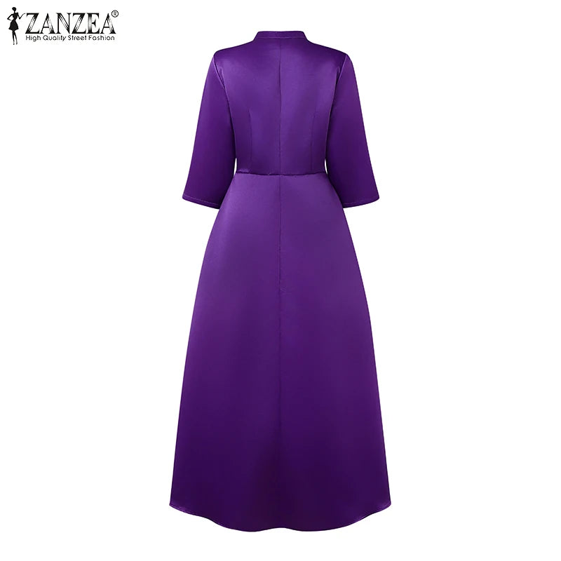 Elegant Women Party Maxi Dresses 2025 Autumn Fashion Stand Collar 3/4 Sleeve Half-Button Fitted Waist A-Line Robes Femme