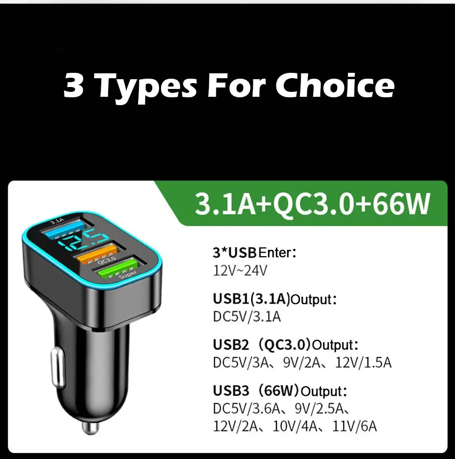 66W Autolader 3 Poorten USB Auto Sigarettenaansteker Snel Opladen Auto Telefoon Oplader Adapter Voor HUAWEI iPhone Samsung Xiaomi