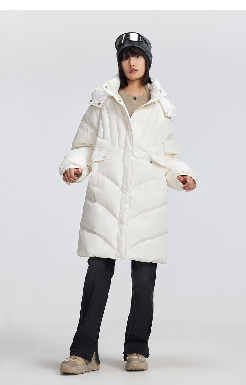 Women's Winter Down Jacket Duck Down Detachable Hood Puffer Coats, Simple Korean Style Mid-Length Jacket for Ladies