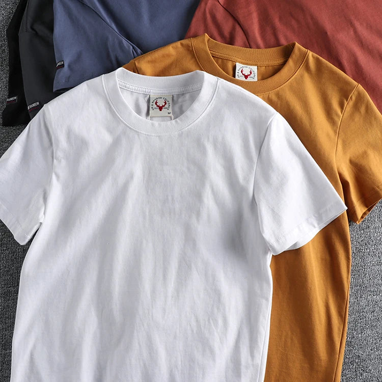 2022 Zomer Nieuw Amerikaans Retro T-shirt met korte mouwen en ronde hals, effen kleur, herenmode, eenvoudig, 100% katoen, gewassen, oude casual tops