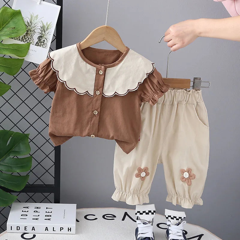 New Summer Kids Clothes 2PCS Set Cute Doll Collar Girls Shirt + Flower Pants Children Thin Style Outwear 12M-5T Girls