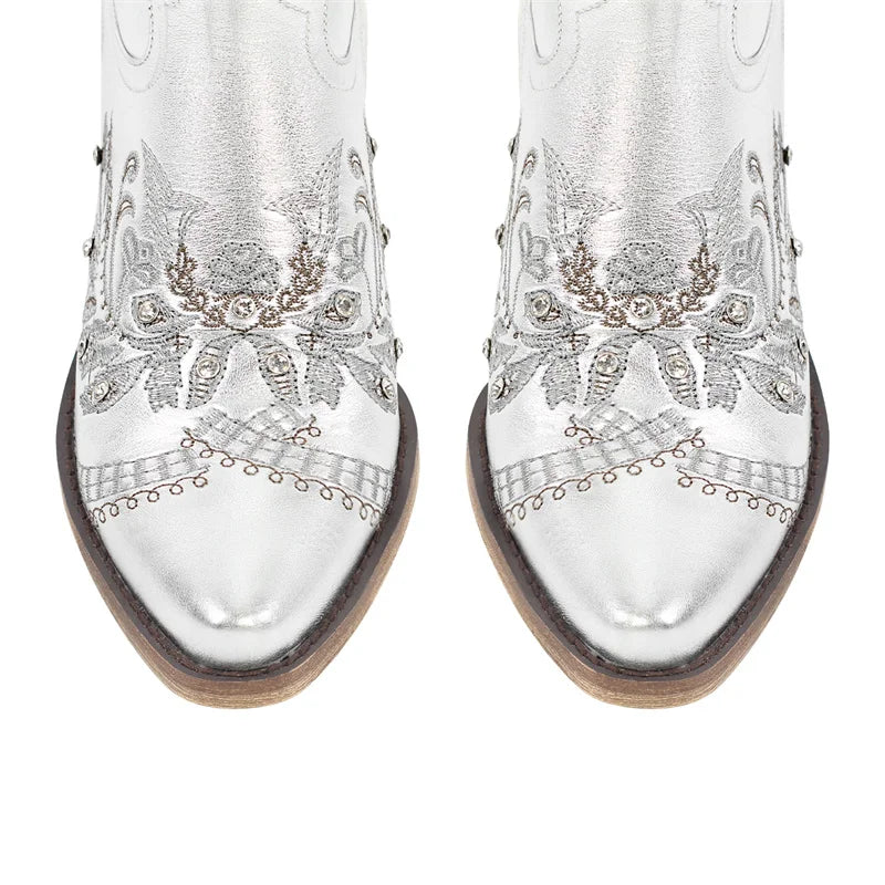 Women Pointed Toe Embroidered White Western Cowboy Boots Block Heel Pull-On Cowgirl Booties