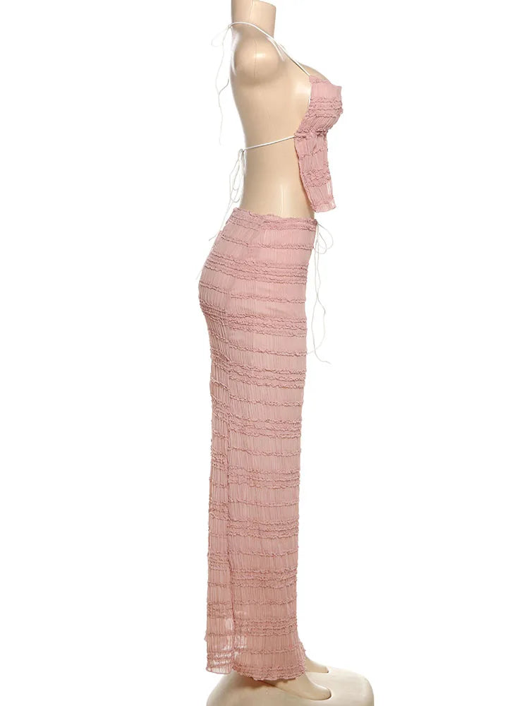 Sexy See-Through 2 Piece Set Women Lace-Up Halter Backless Crop Tops + Ruched Elegant Skirts Vacation Beach Party Suits