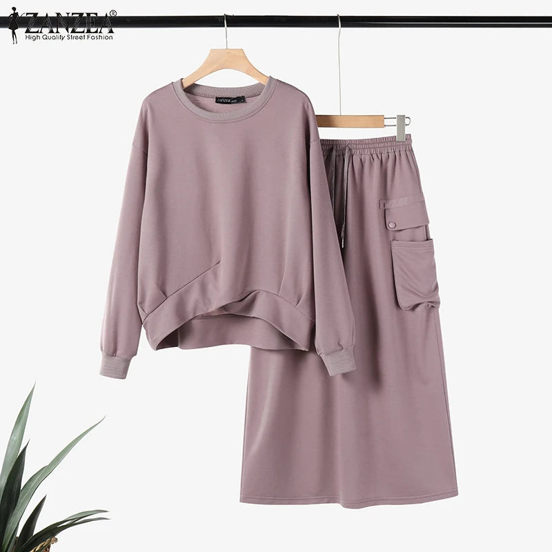 Daily Wear Elastic Waist Skirt Dress Sets Casual Spring Loose Solid Skirt Suits Women Knotted Hem Sweatshirt 2pcs Outfits