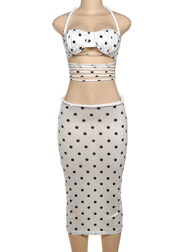 Polka Dots 2 Piece Set Women Twist Bandage Halter Hollow Camisole + Skinny Mid Skirts Street Fashion Elegant Outfits For Women