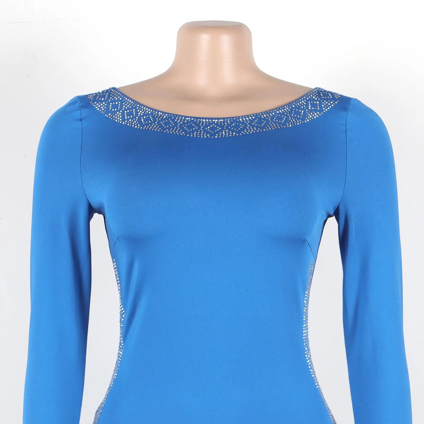Women's Casual Solid Color V Neck Flare Sleeve Rhinestone Decor Backless Midi Pencil Dress