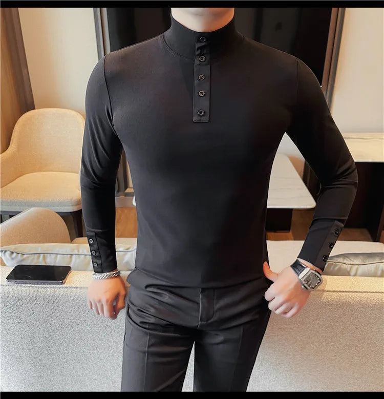 Men's High Quality Long Sleeve T-shirt For Autumn & Winter, Half-High Collar, Solid Colour Top. Collar Button Polo, Suitable As Business Casual