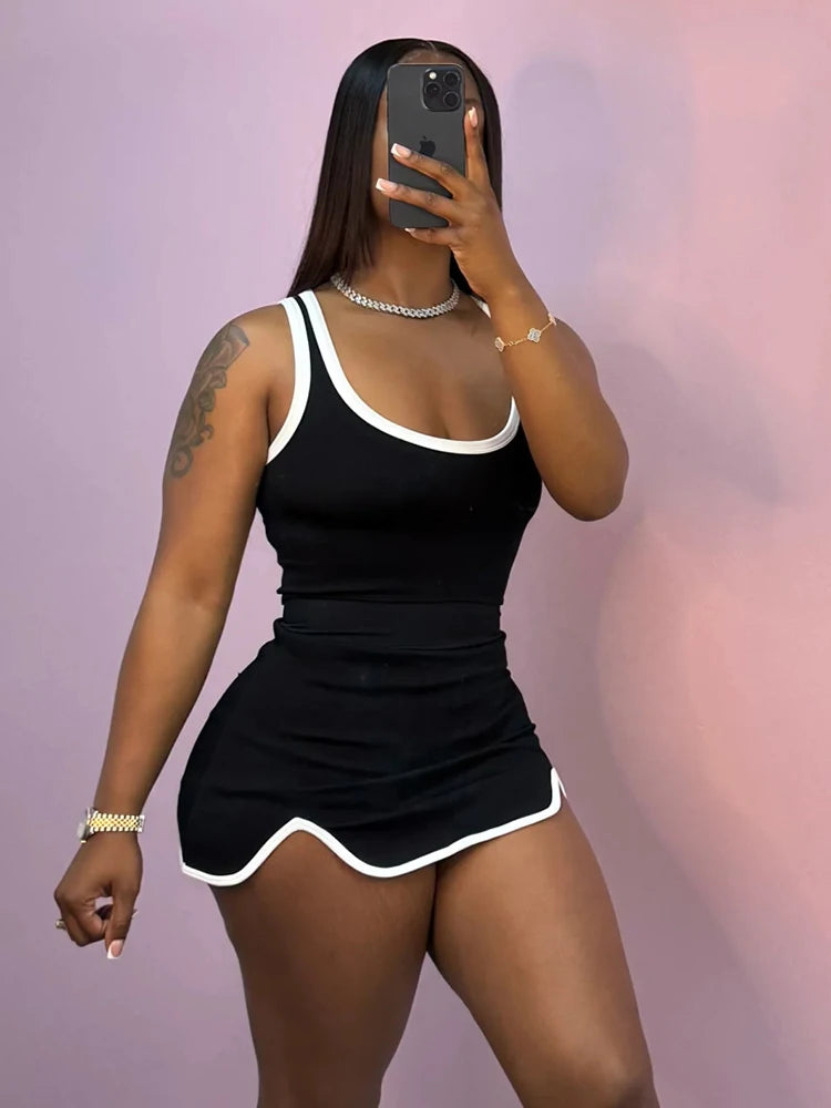 Casual Simple Women 2 Piece Set Tracksuit Skinny Tank Tops + Irregular Hem Skirts Matching Stretch Streetwear Outfits