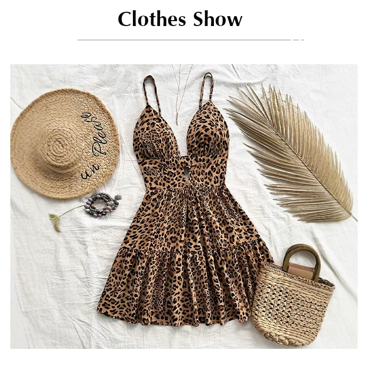 Dresses Spring Summer Dating Fitting Slim Leopard Cut-Out Sleeveless Sweetheart Neck Mini Cami Dresses For Women