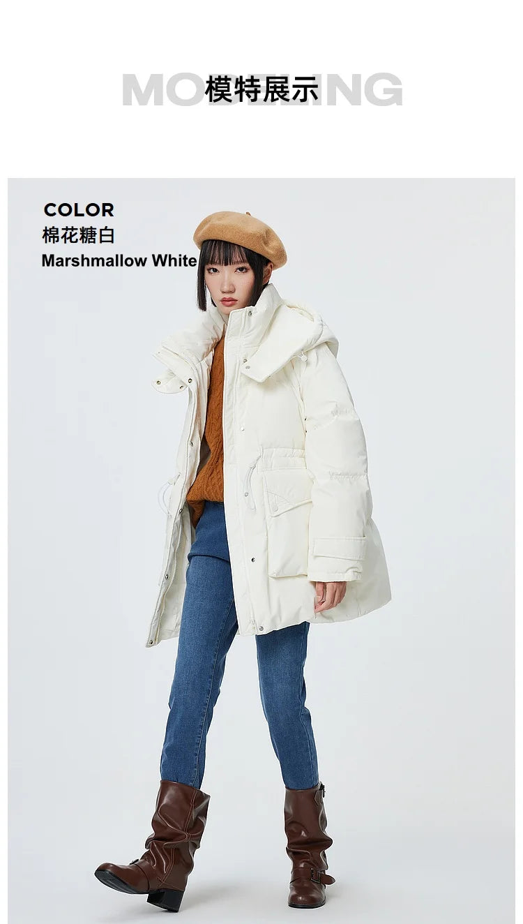 Women's Winter Warm Oversized Long Hooded Down Jacket, Adjustable Pig Nose, Buckle Waist Belt Utility Duck Down Parka For Ladies