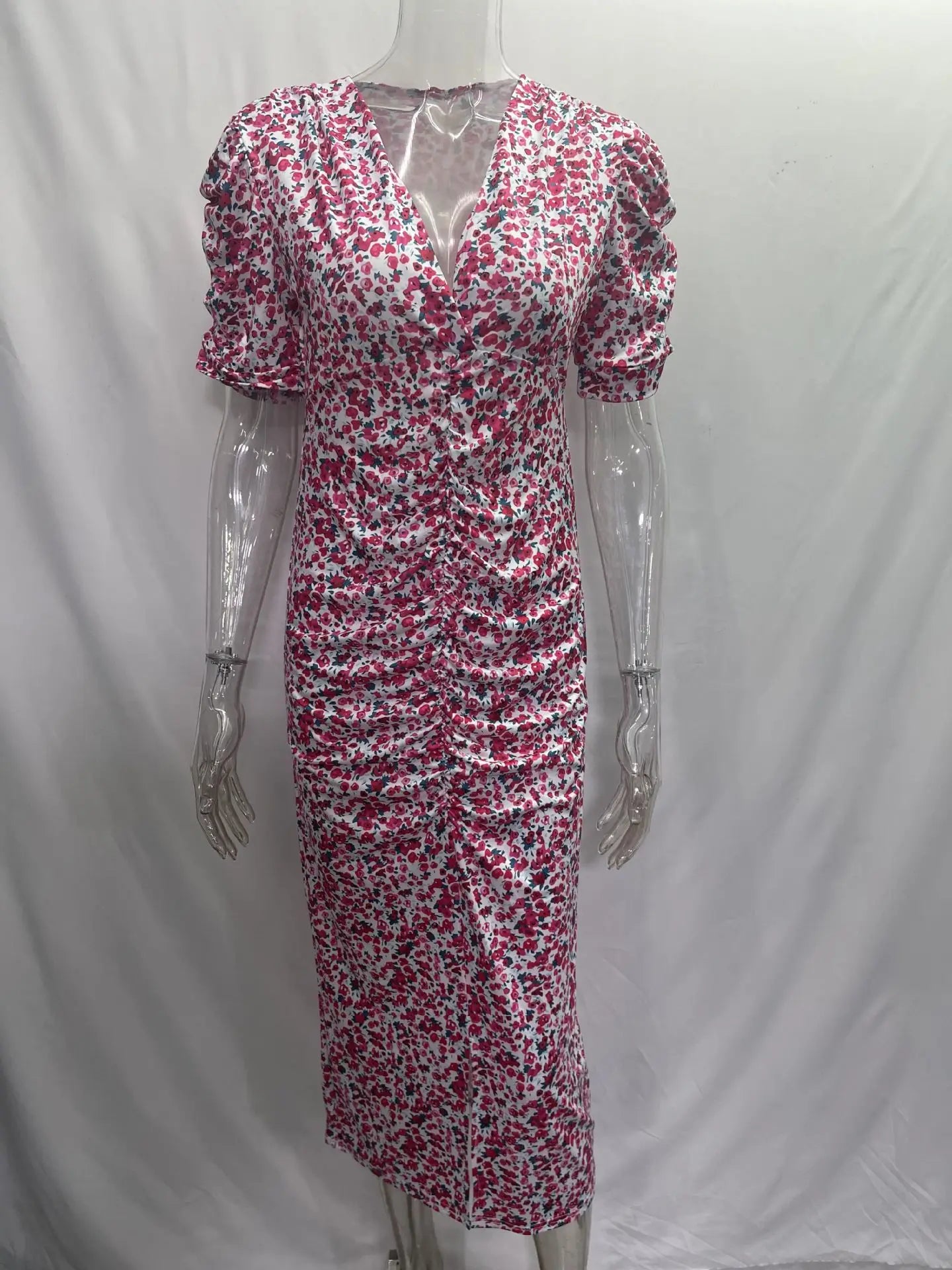 Women Sexy Deep V Dress Summer New Pile Up Sleeves Slim Floral Print Elegant Dress Fashion Short Sleeve Party Vestidos