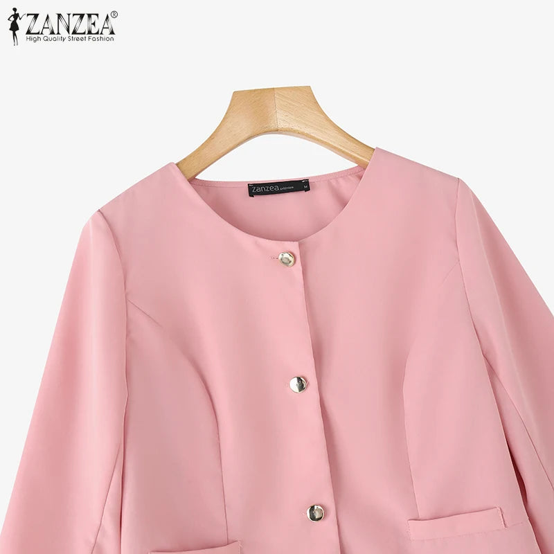 Elegant Women Over Shirts 2025 Autumn Fashion Round Neck 3/4 Sleeve Button Up Chemises Femme Office Wear Solid Outerwear