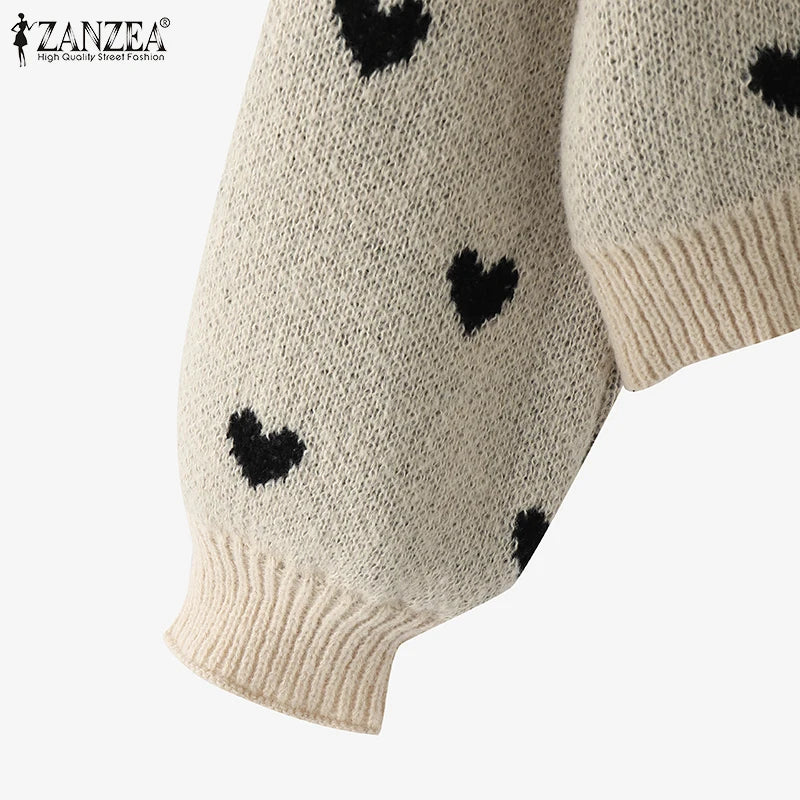 Women Loose Knitted Sweaters 2025 Spring Autumn Lantern Sleeve O Neck Heart Pattern Pullovers Streetwear Stylish Tops