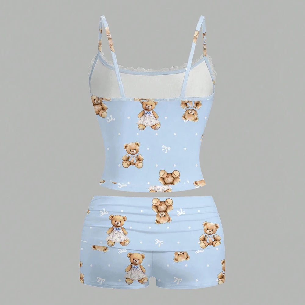Women's Sets Summer Sweet Cute Graphic Printing Lace Sleeveless Round-Neck Tanks Low Waist Shorts Casual Sets