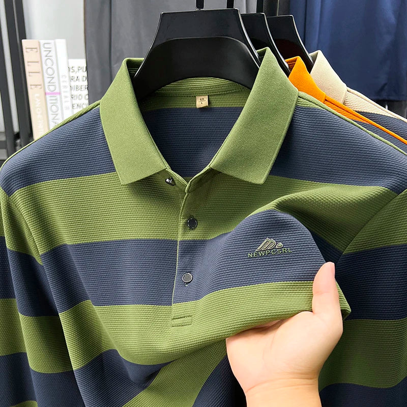 Men's Autumn Long Sleeve Polo Shirt Colourful Striped, Stretchy Double-sided Pique Knit Fabric