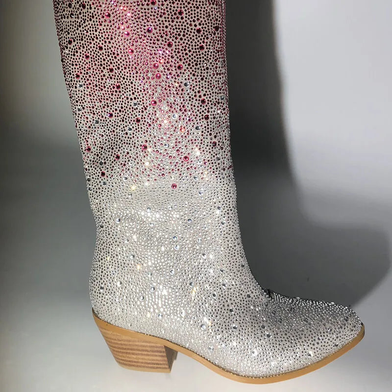 Women Pointed Toe Rhinestone Knee High Western Cowgirl Boots Glitter Bling Shiny Block Heel Lady Boots