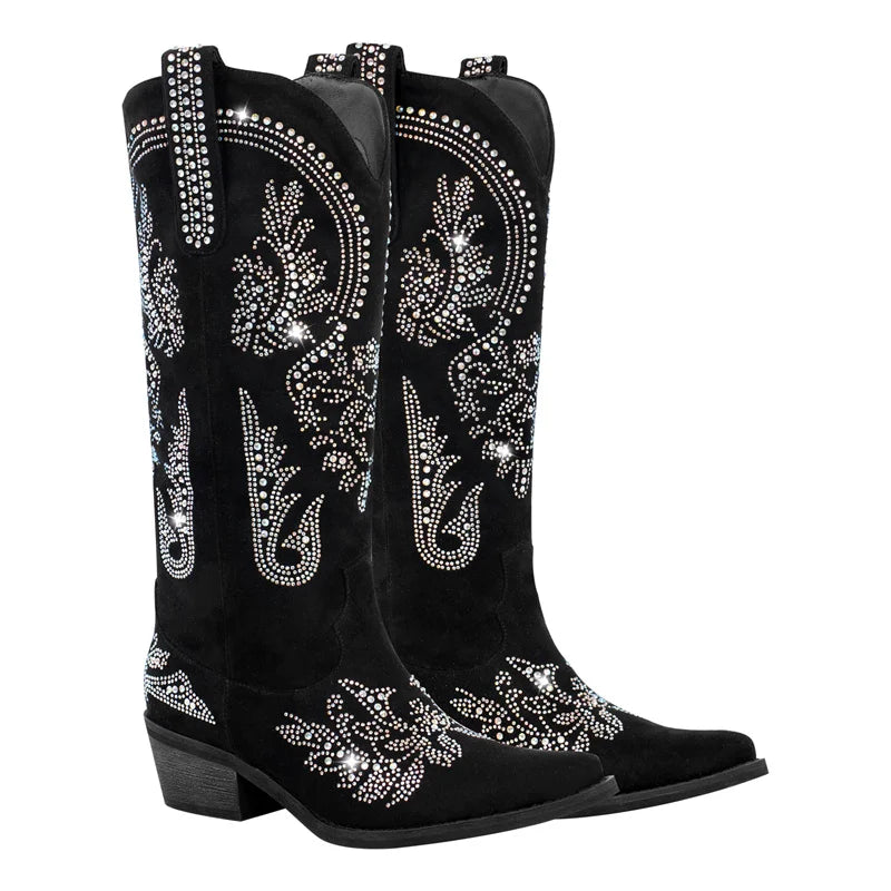 Women Pointed Toe Rhinestone Western Cowboy Boots Black Female Wide Mid Calf Boots