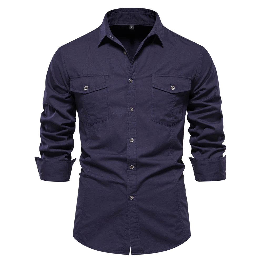 Men's Autumn Military Style 100% Cotton Pocket Shirt Solid Colour Slim Casual Long Sleeve Male Shirt For Men
