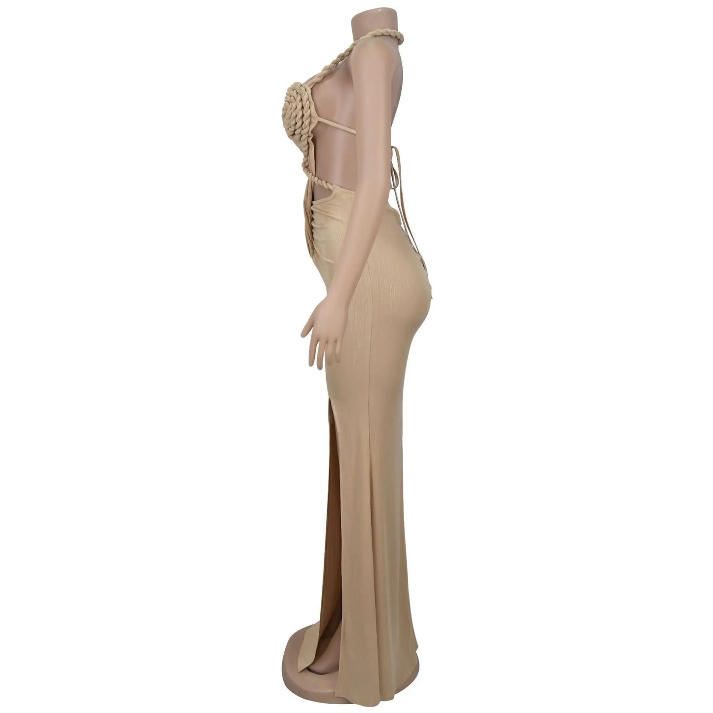 Bohemia Knitted Women Maxi Dress 2025 Summer Halter Lace Up Backless Split Sheath Vestidos Beach Vacation Robe