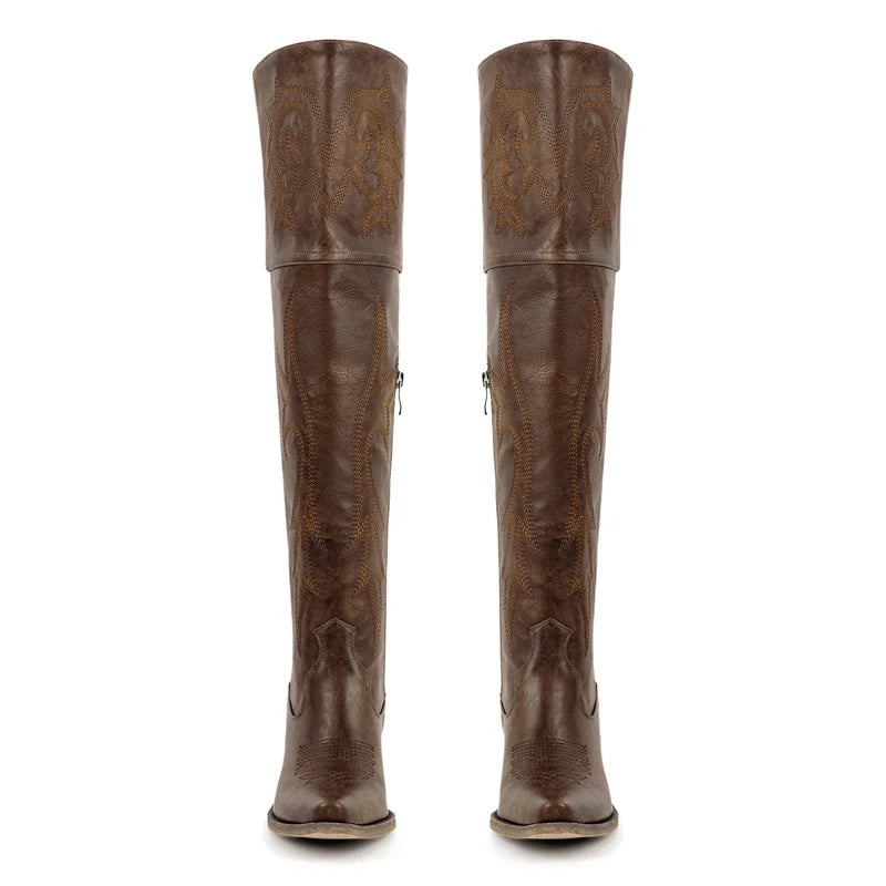 Winter Women Black Brown Knee High Boots Pointed Toe Chunky Pull On Embroidered Thick Heels Boots Zipper Large Size