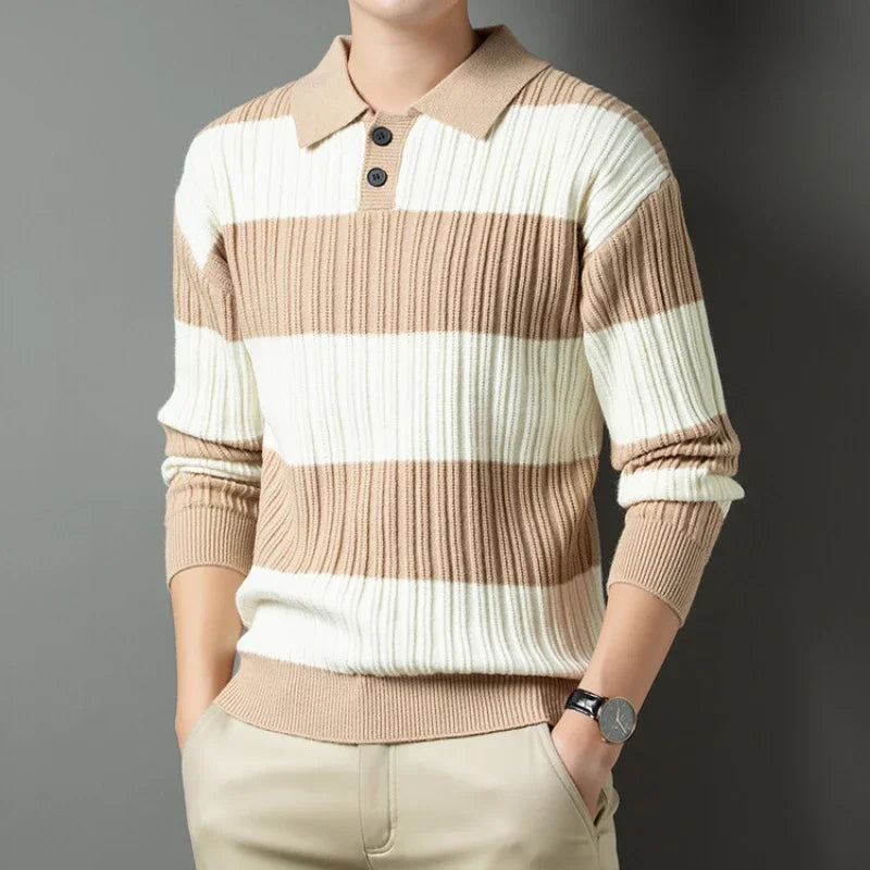 Men's Polo Shirt Luxury Pullover Sweater Fashion Thick Warm Sweater Striped Casual T-shirt, Male Top Loose Knitwear