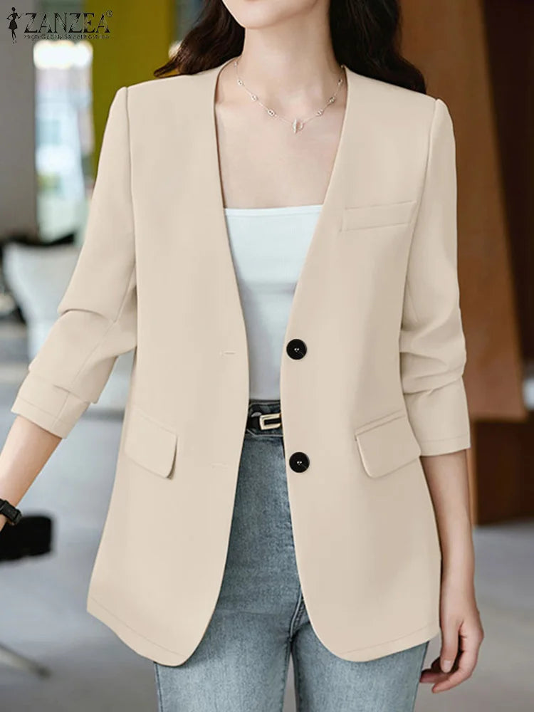 Elegant Solid Suit Jackets Long Sleeve Button Up Autumn 2024 V Neck Outwear Tops Office Lady Women Commute Fashion Blazer