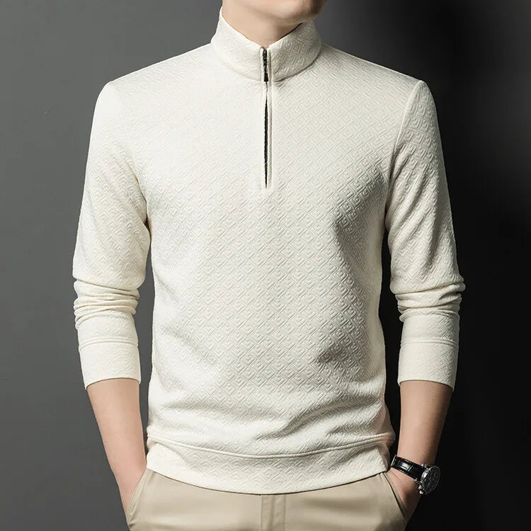 Men's Zipper Stand-Up Collar Long Sleeve T-shirt, Autumn & Winter Fashion Brand Loose Pullover With Advanced Geometric Jacquard Fabric