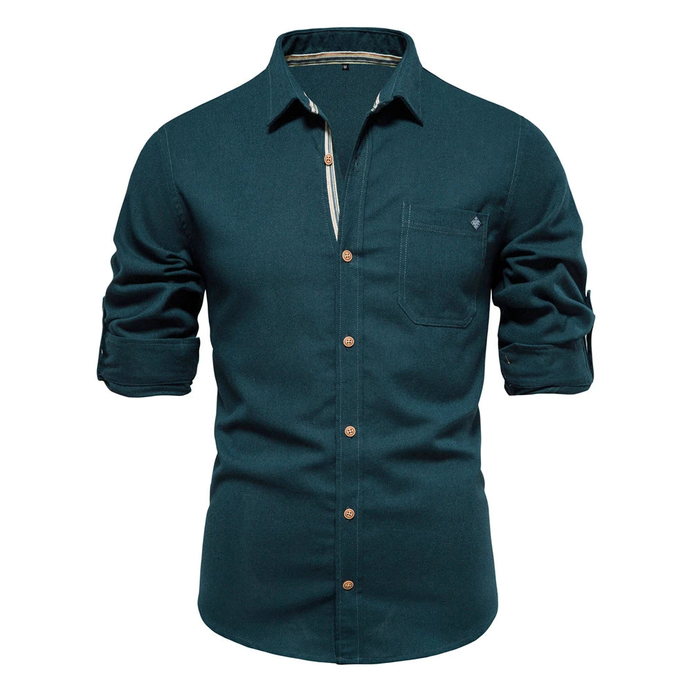 Men's 100% Cotton Social Spring Shirts Single Pocket Solid Colour Long Sleeve Shirts Turn-down Collar For Men