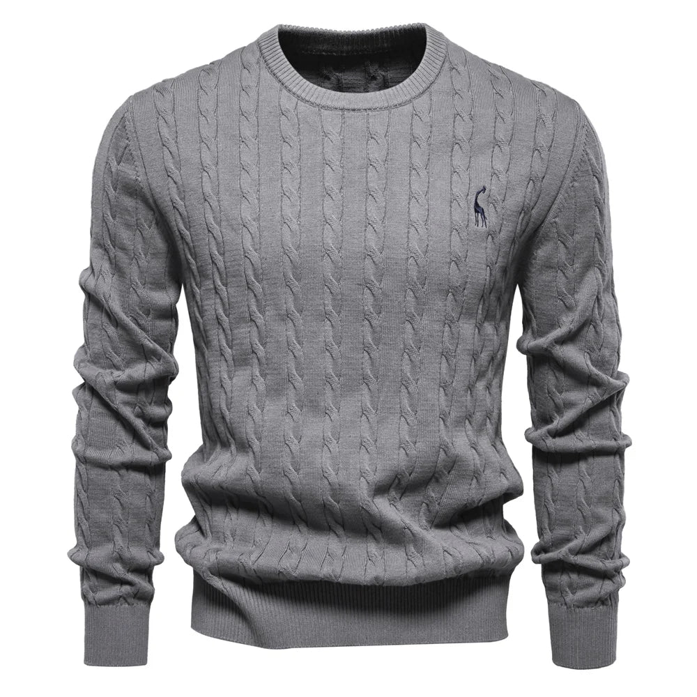 Men's Giraffe Embroidery Cotton Sweaters Round Neck Classic Twist Patterned Pullover Knitted Sweater for Men