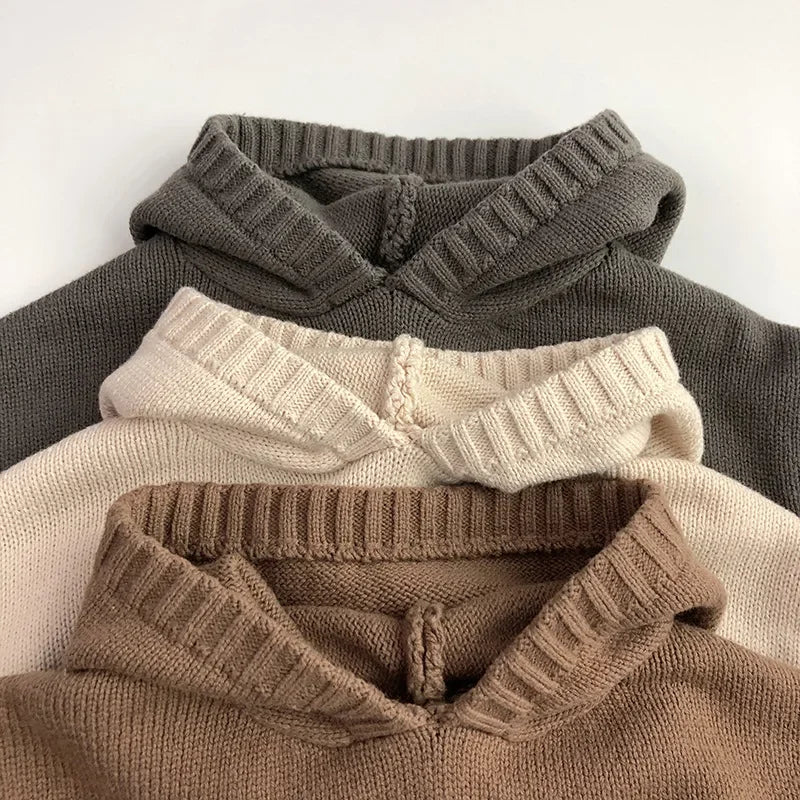 Front Pocket Fine Knit Children Boys Girl Sweaters Hoodie Knit Pullover Loose Style Girl Hooded Toddler Knitwear Coat 1-6Y Unisex