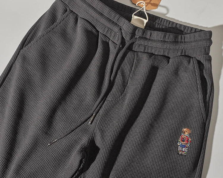 Autumn American Simple Waffle Embroidery Sweatpants Men's Fashion Pure Cotton Loose Elastic Waist Drawstring Sport Casual Pants