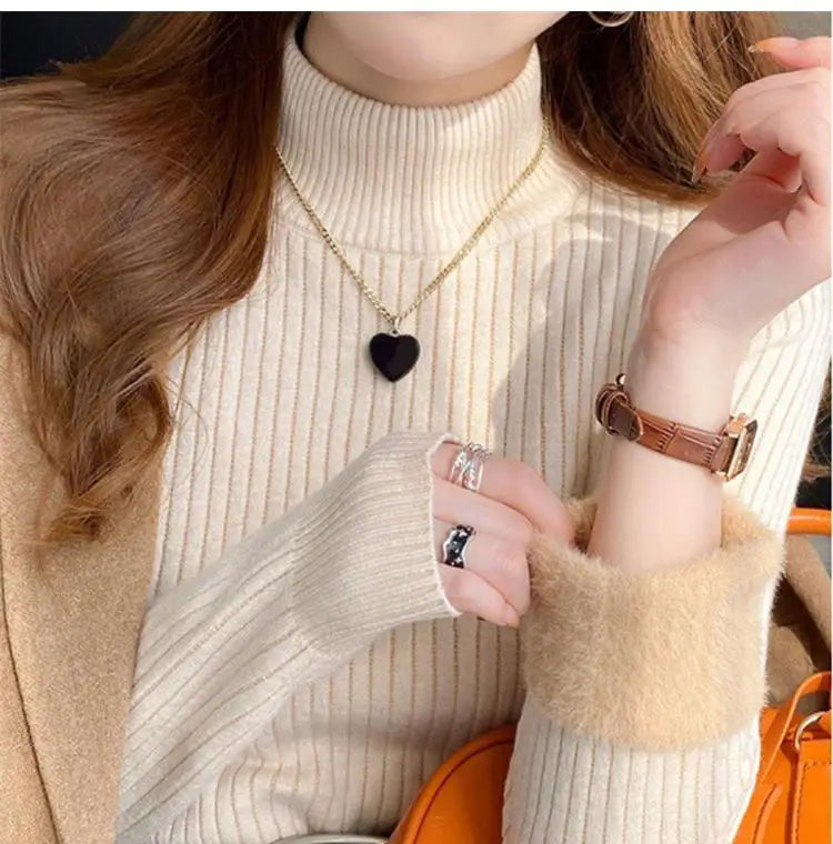 Women's Turtleneck Sweater Winter Retro Red With Velvet Lining Thickened Inner Wear Thermal Knitting Bottoming Shirt