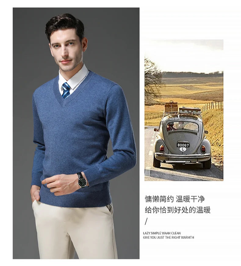 Men's Warm V-Neck Solid Colour Sweater, Autumn & Winter Stretch Top, Daily Leisure Pullover Knitwear, Male Business Casual