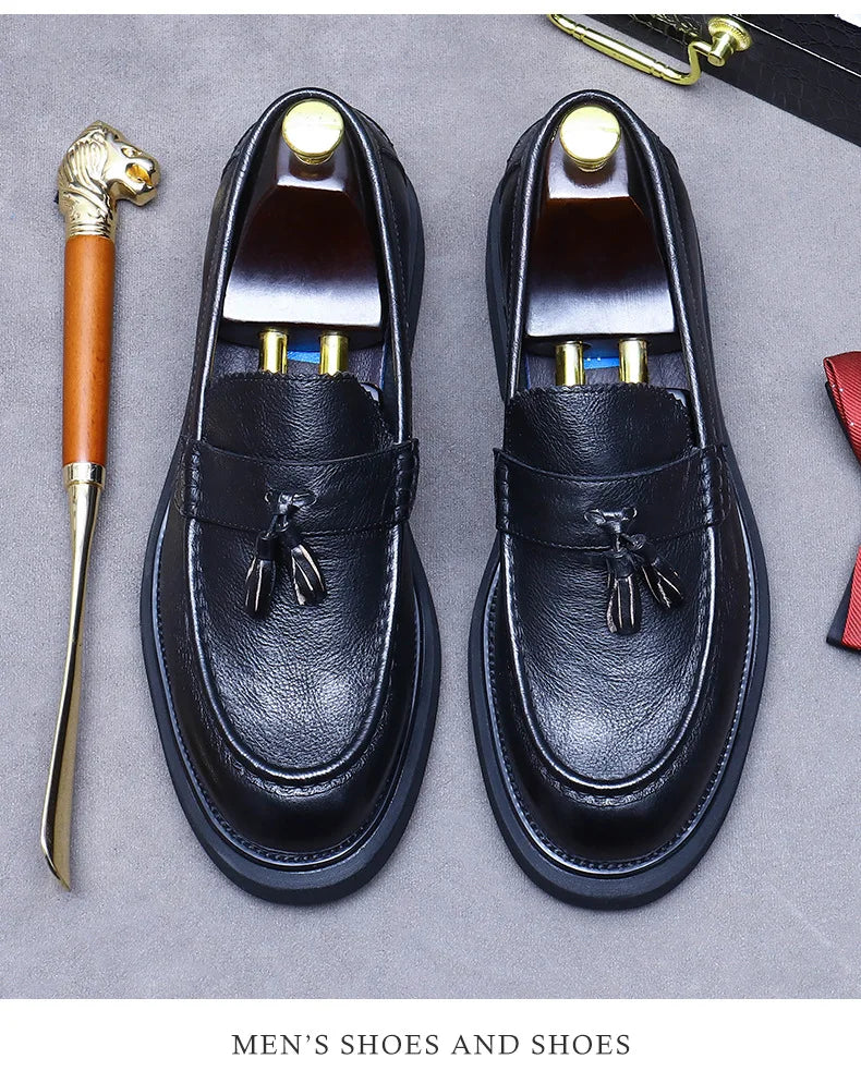 YETTIES Soft Leather Elegant Mens Dress Loafers Shoes Luxury Genuine Leather Tassel Thick Soled Wedding Social Formal Shoes