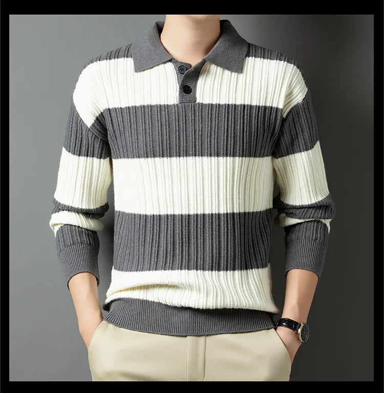 Men's Polo Shirt Luxury Pullover Sweater Fashion Thick Warm Sweater Striped Casual T-shirt, Male Top Loose Knitwear