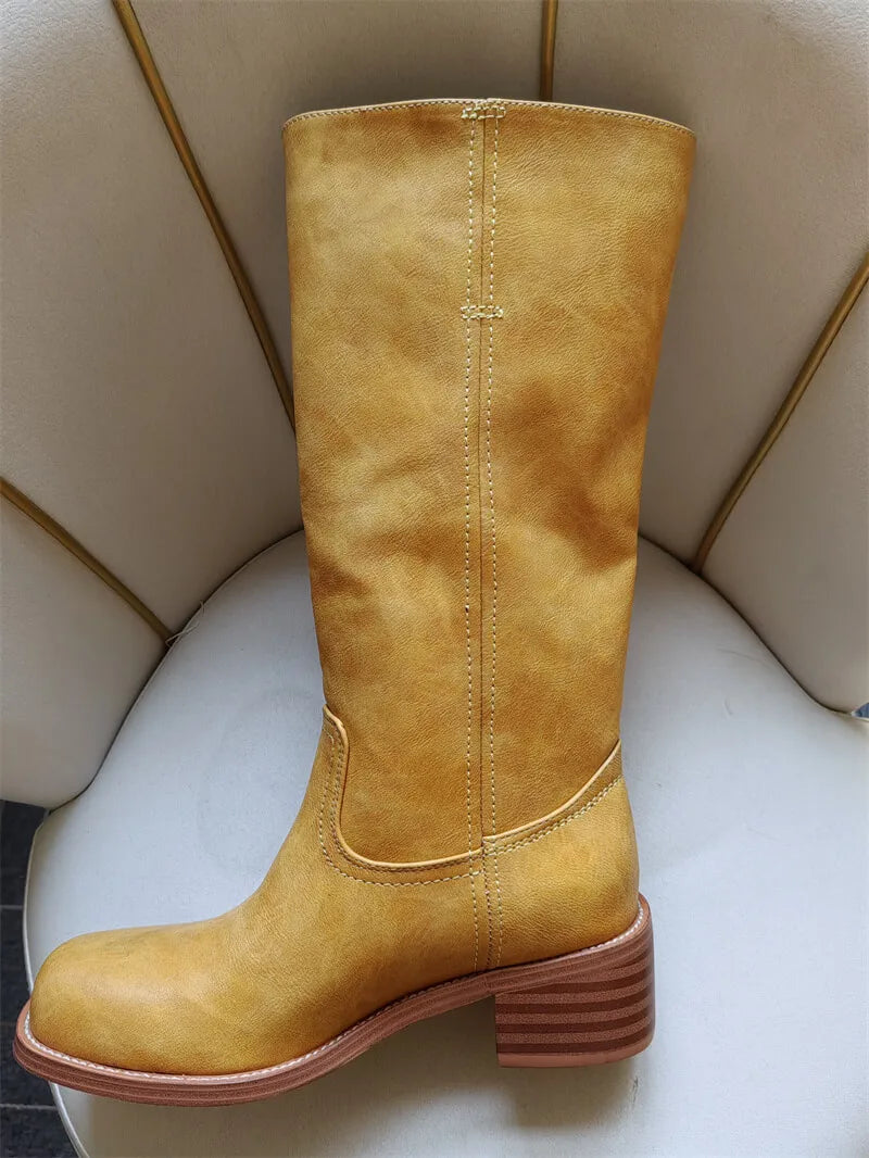 Women Round Toe Knee High Boots Low Heel Fashion Pull on Wide Calf Boots