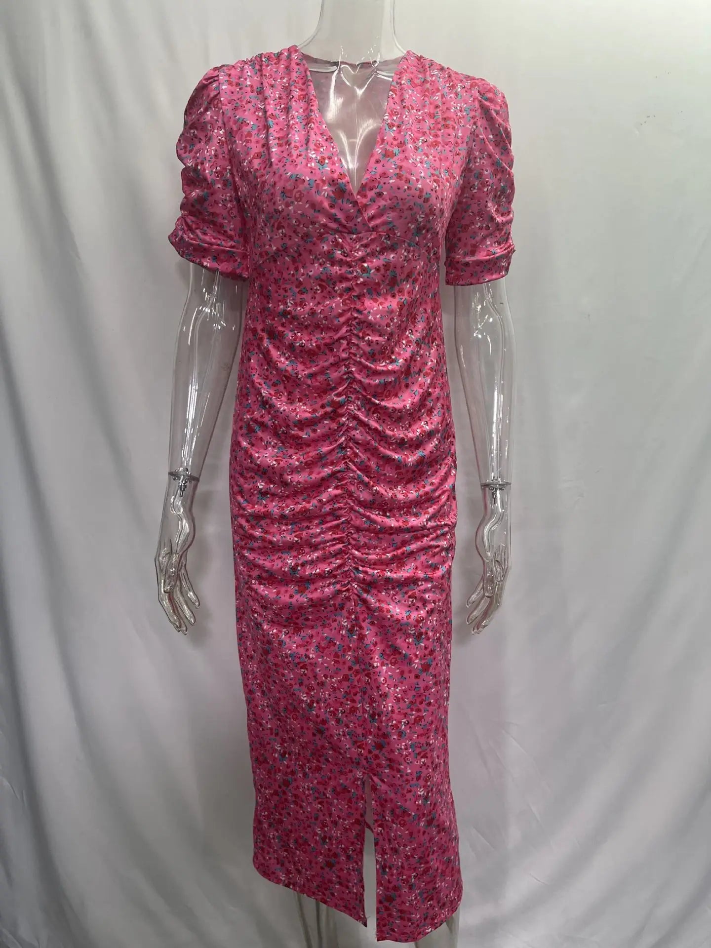 Women Sexy Deep V Dress Summer New Pile Up Sleeves Slim Floral Print Elegant Dress Fashion Short Sleeve Party Vestidos