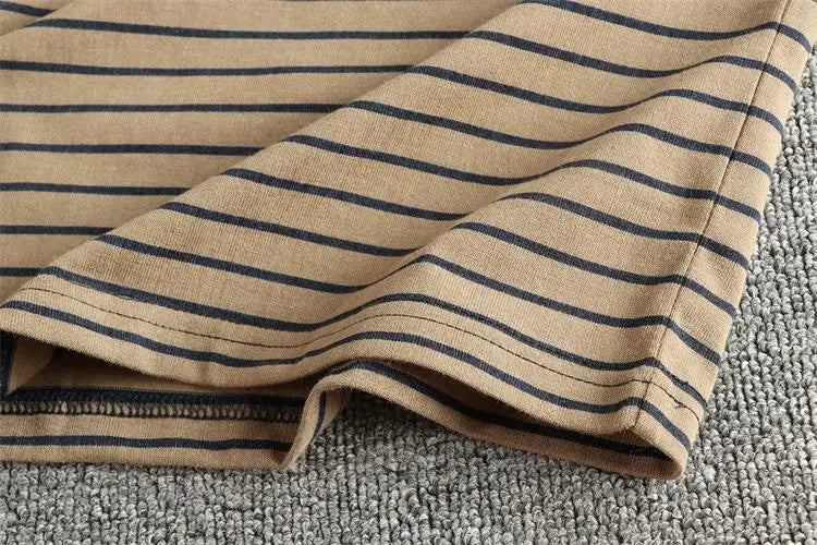 2025 Summer New American Retro 230g Short Sleeve O-neck Cap Embroidery Striped T-shirt Men's Simple Washed old Casual Loose Tops