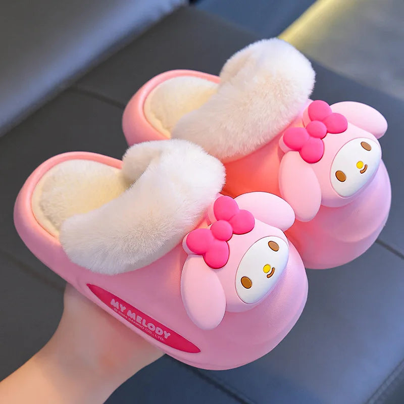 Girls' Home Fur Slippers Kawaii Anti-Skid Warm Cotton Cartoon Plush Waterproof Home Winter Shoes Size 24-41