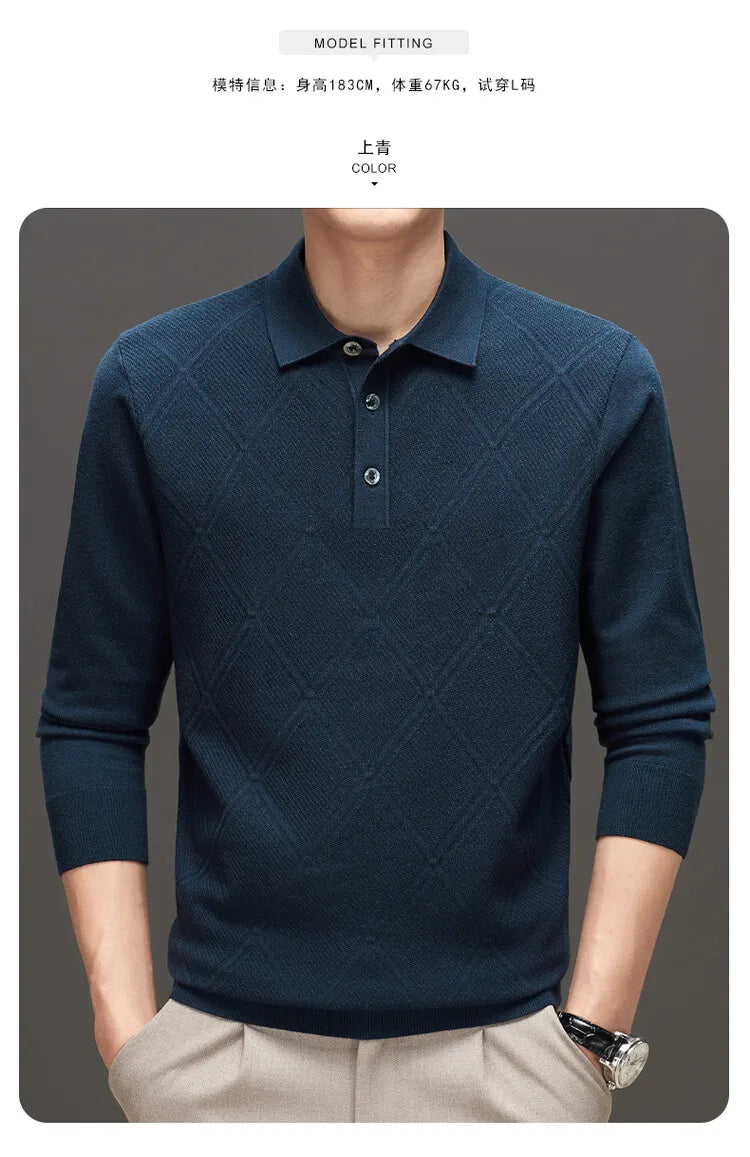 Men's Solid Colour Geometric Pattern Warm Polo, High Quality Woollen Sweater, Suitable For Business Casual & Daily Commute