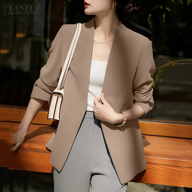 2025 Autumn Lightweight Blazer for Woman V-Neck Long Sleeve Solid Colour Casual Suit Coats Korean Fashion Office Wear