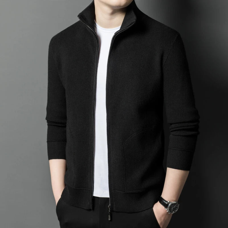 Men's Solid Colour Autumn Long-Sleeved Stretch Warm Cardigan, Daily Jacket Sizes M-4XL