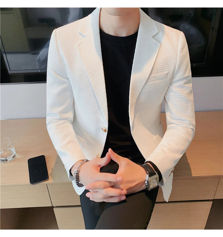 Men’s Waffle Plaid Blazer Coat, Hounds-Tooth Pattern, Wool-Blend Overcoat for Autumn & Winter - Lightweight, Stretchable
