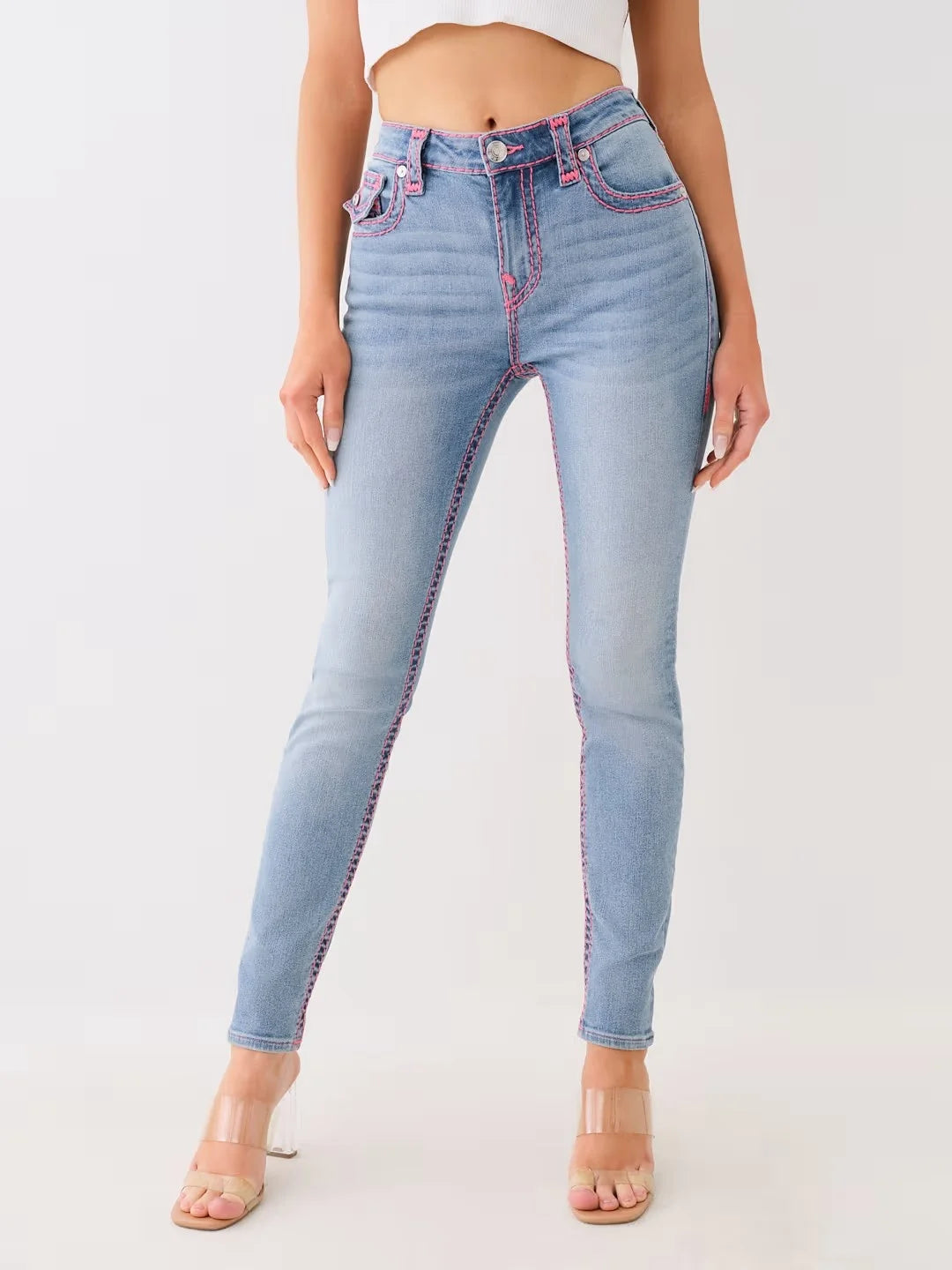 Jennie Mid-Rise Super T Skinny Jeans Women's High-Waisted Embroidered Casual Tight Fit Cotton Blend Washed Pencil Pants