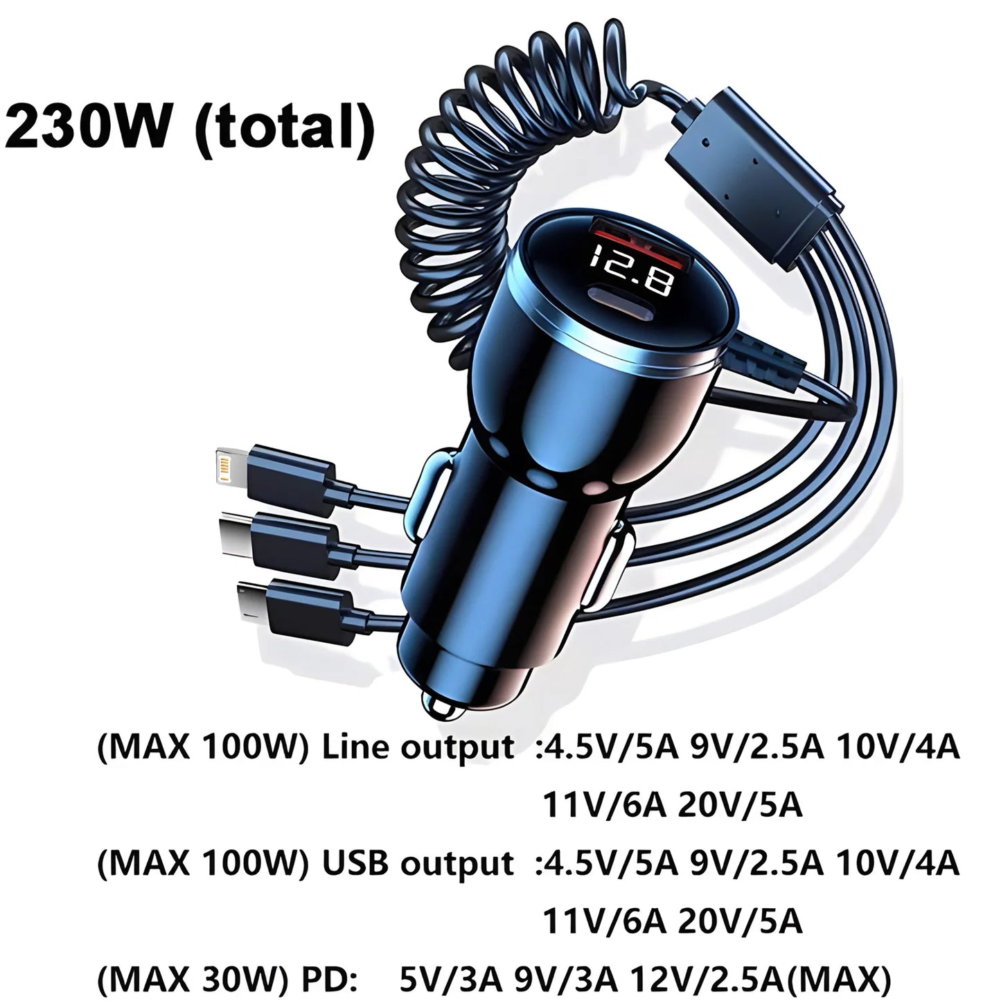 230W Car Charger 5 Ports Fast Charge PD QC3.0 USB C Car Phone Charger Type C Adapter in Car For iphone Samsung Huawei Xiaomi